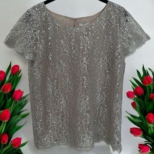 Joie Tan Silver Floral Overlay Lace Embroidered Blouse Women’s Size S